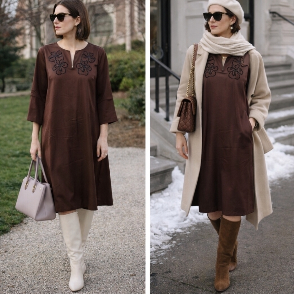 NWT InWear Brown Satin Eyelet Midi Dress Floral Cutout Scandinavian Minimalist
